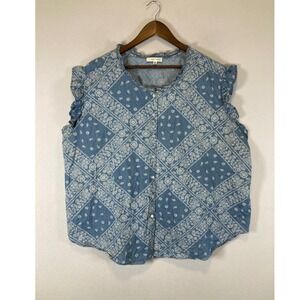 Farmhouse Daily Thread Womens 3X Blue Paisley Bandana Ruffle Button Blouse